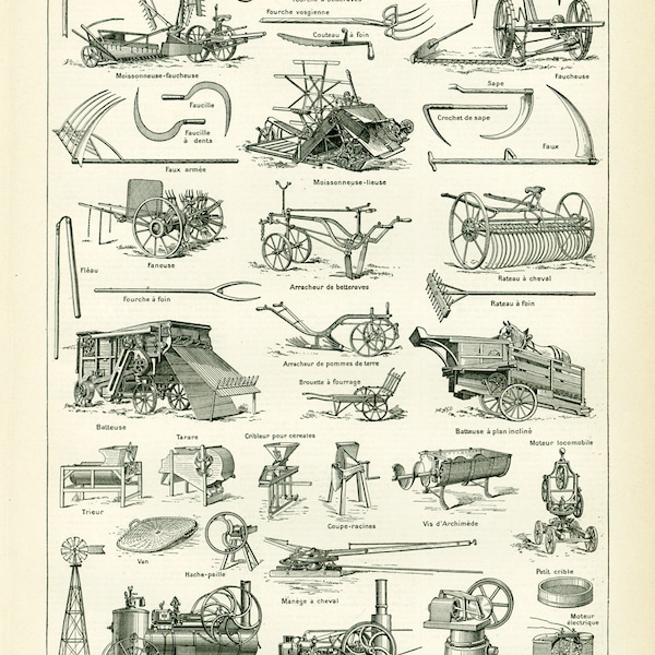 1897 Agriculture Outils Grand format Materiel agricole Outillage moissonneuse batteuse faucille Eolienne Larousse Illustration 19ème siècle