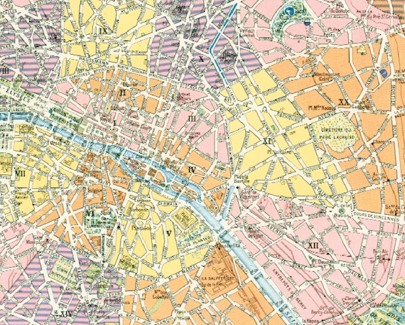1933 Antique Paris Map, Districts of Paris, Souvenir of