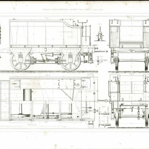 May include: A black and white line drawing of a railway carriage with a detailed illustration of the interior and exterior. The drawing shows the carriage's wheels, axles, and other mechanical components. The text "Fig. 1" and "Fig. 2" are visible in the image.