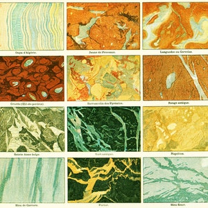 1897 Mineral Rock Marbles, groot formaat, oude gravure, nieuwe Larousse geïllustreerd, 19e-eeuwse illustratie 120 jaar oud