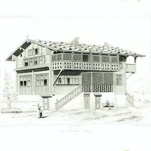 1861 plannen van het Chalet Suisse Kanton Unterwald. Cabin in Rondins. Fuste. Architectuur gravure lithografie illustratie