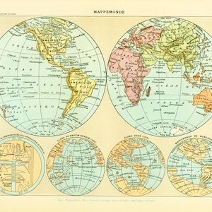 1897 Mapas del Mundo, Gran Formato, Mapas Antiguos, Mercator, Globo de Oro, Placa Original, Larousse, Ilustración 125 años