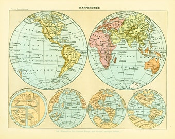 1897  Antique World Map Planisphere Larousse Large Size 115 Years Old History Decor  Wall Art