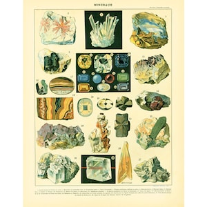 1897 edelstenen, diamant, robijn, opaal, smaragd, amethist, mineralen oude Larousse gravure groot formaat 125 jaar oud