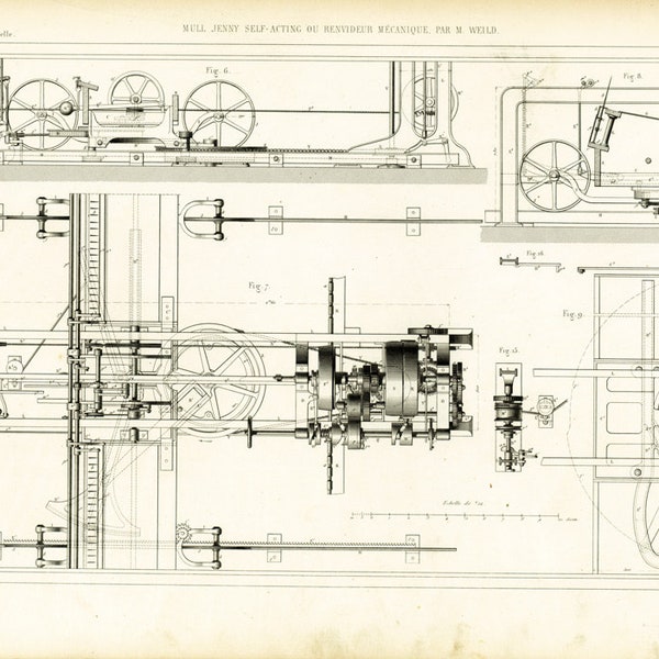 1855 Mule-jenny Filer Máquina Bobine Canette Textil Tejido. Grabado Antigua Patente Industria Textil Armengaud Técnica París.