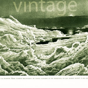 May include: A vintage illustration depicting a landscape of icy terrain with a large body of water in the background. The scene is rendered in shades of green, suggesting a cold and desolate environment.