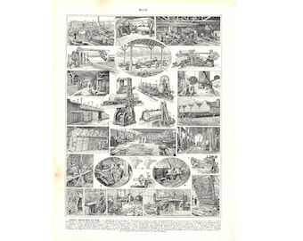133 Antique logging print, Timber industry, Antique Large Size Larousse illustration, french antique, framing