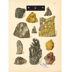 May include: A vintage illustration of various minerals and crystals, including a dark gray rock, a yellow crystal cluster, a gray rock with a textured surface, a gray crystal cluster, a yellow crystal cluster, a gray rock, a gray crystal cluster, a yellow crystal cluster, a red crystal cluster, and a gray rock. The illustration is labeled "Beil's Lehrmittelserei 171-178."