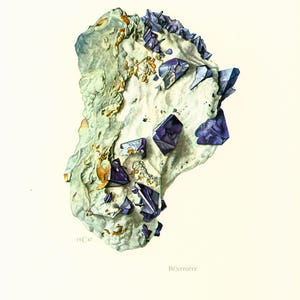 1970 Benitoite Print White Natrolite Rock Matrix Rare Blue and Black Crystals Collector&#39;s Mineral Specimen California State Gemstone
