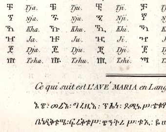 Alfabeto abisinio etíope antiguo de 1745, placa original, Enciclopedia de Diderot d'Alembert