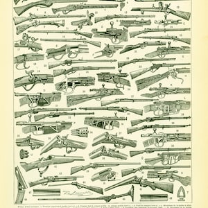 May include: A detailed illustration of various types of rifles and muskets, labeled with numbers and letters. The image is in black and white and features a variety of designs, including flintlock, percussion, and breech-loading rifles. The image is from a vintage book and includes text describing the different types of firearms.
