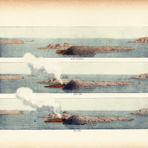 1908 Eruptions Volcaniques Santorin Formatin île Nea Kameni an 1866-1870. Planche Originale Géographie Géologie Volcanologie