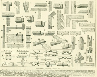 1897 Assemblage Bois Menuiserie Charpente Planche originale Larousse Illustration 19ème siècle