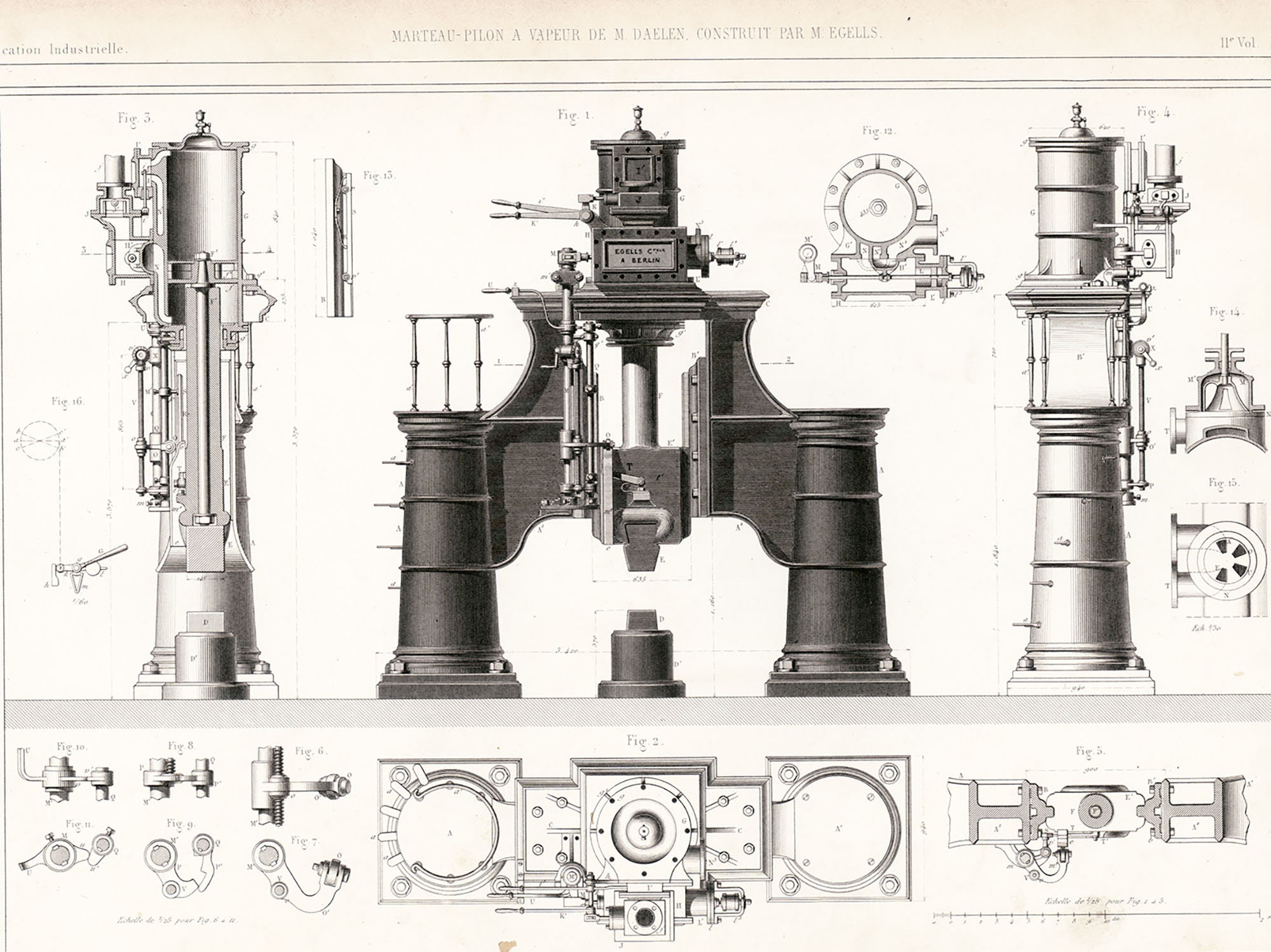 1857 Plan d'un marteau-pilon Travail métal Métallurgie Forge