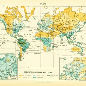 1897 Pluies Répartition Annuelle, Carte Ancienne Grand format, Planche Originale Larousse Illustration 115 ans d'âge