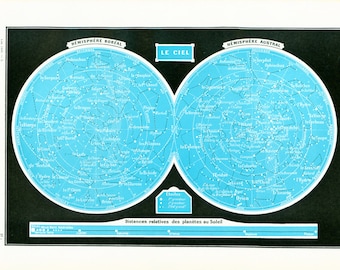 1930 Sky Map Planets Stars Comets Antique Print Larousse Large Size 115 Years Old  Wall Art