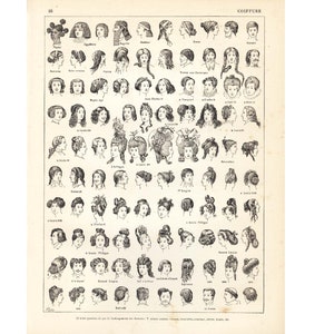 1897 Hairstyle, Hairs fashion, Antique large Size illustration, original Larousse print, french antique, framing