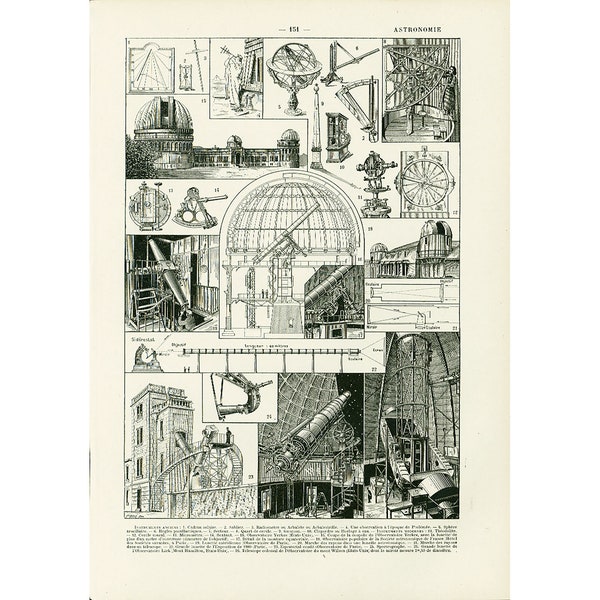 1930 Astronomie Cadran solaire Télescope Lunette Astronomique Observatoire Science vintage Larousse Illustration