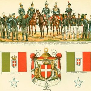 1897 Drapeau Italie Armée Uniforme militaire Pavillon Carte Planche Originale  Nouveau Larousse illustré Grand Format 115 ans d'âge