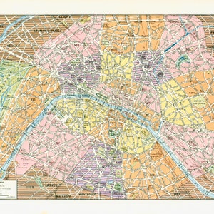 1933 Plano de París, Placa Original Larousse, Ciudad de PARÍS, Mapa de Francia, Ilustración Gran Formato 115 años