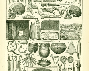 1897 Paleontology Antique Print, French Larousse, Early 20th, Prehistory Wall Art, Gift for paleontology lover