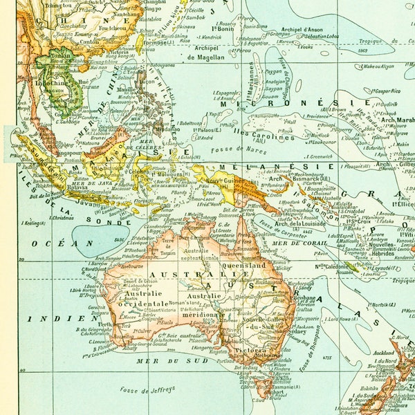 1897 Carte Australie Oceanie. carte des iles du Pacifique.  Planche Originale Atlas Geographie Grand Format