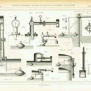 1875 Antique Hydraulic system Patent Print. Steam Pump Engine Original Engraving. Technical Design Industrial Style.