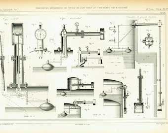 1875 Antique Hydraulic system Patent Print. Steam Pump Engine Original Engraving. Technical Design Industrial Style.