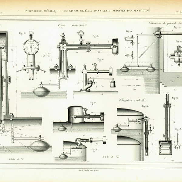 1863 Dial, nivel de agua indicadora Engraving Ancient Patent Technical Industrial Publication Paris