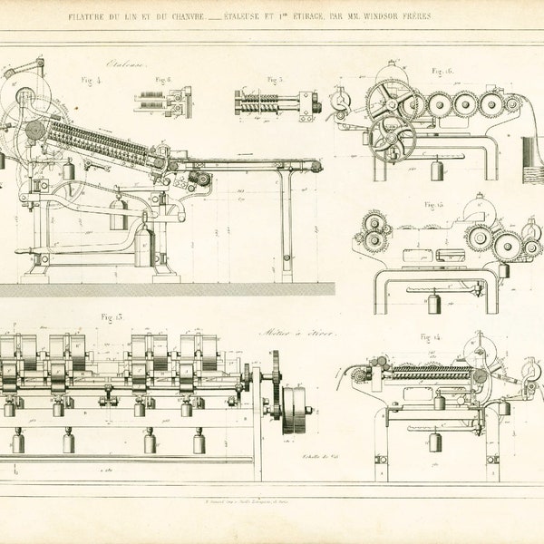 1858 plannen linnen en hennep spinmachine, gravure oud patent textielindustrie Armengaud techniek Parijs.