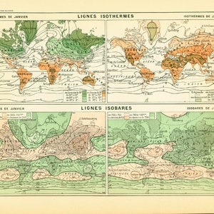 1897 Carte du Climat, Grand  format, Isothermes, Isobares, Carte du Monde, Planche Originale Larousse, Illustration 115 ans d'âge