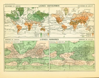 1897 Climate antique World map, Large size  Larousse print, 115 YEARS OLD Scientific Wall Art