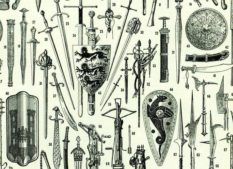 1933 Antique Weapons Print, Sword Gun Lance Pike Crossbow Shield, Wall ...