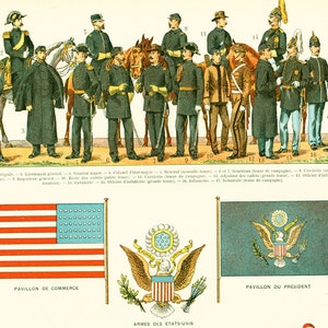 1897 Etats-Unis, Uniformes militaires et Drapeaux, Gravure historique, Nouveau Larousse illustré Grand Format Illustration 115 ans d'âge