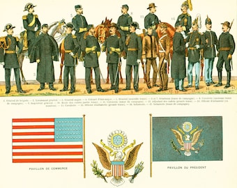 1897 Etats-Unis, Flags & Uniforms, History Antique Print, Larousse Large Size 115 Years Old, History Decor  Wall Art