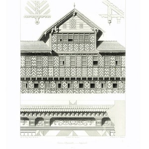 1861 Zwitserse chaletplannen Kanton Appenzell Architectuur Constructie Hout. uitkraging. Gravure Lithografie Illustratie