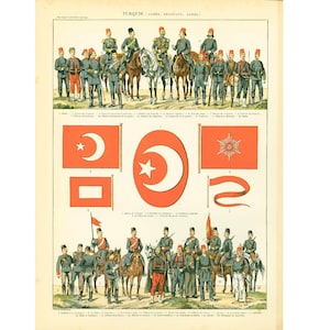 1897 Drapeau Turquie Armée Uniforme militaire Empire Ottoman, Planche Originale  Ancienne encyclopédie Larousse  120 ans d'âge