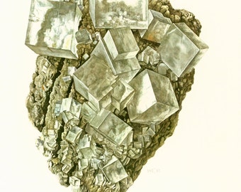 1970 Vintage Rock Salt Illustration. Halite. Antique Earth Science. Rocks Gemstone Minerals  Framing home decor