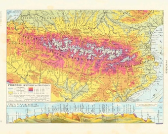 1933 vintage map of Pyrenees, Pyrenees Map Antique Print, Vintage Poster French Larousse, 115 Years Old History Decor  Wall Art