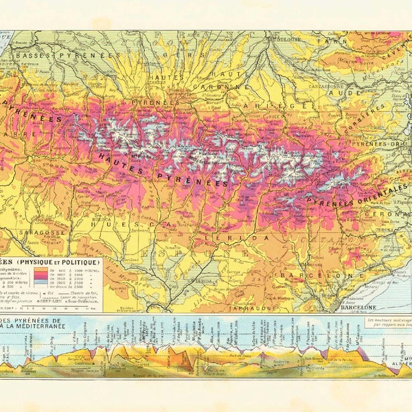 1933 Pyrénées Carte Grand format, Planche Originale Larousse, Illustration 90 ans d'âge, France Espagne Montagnes