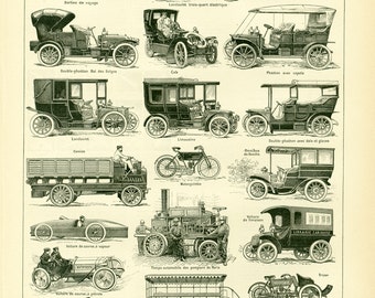 1897 Automobiles Vehicles Cars  Antique Large Size illustration Original Larousse print 115 YEARS OLD