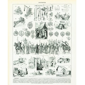 1933 Die Tempelritter-Kreuzzüge, Originalteller Neu illustriert Larousse, Illustration und Karte