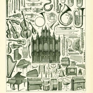 Puede incluir: Una ilustración vintage de varios instrumentos musicales, incluyendo un piano de cola, un arpa, un violín, un violonchelo, una trompeta, un trombón, una tuba, un clarinete, una flauta, un saxofón, una batería, un xilófono y un órgano de tubos. La ilustración está en blanco y negro y tiene un estilo detallado e intrincado.
