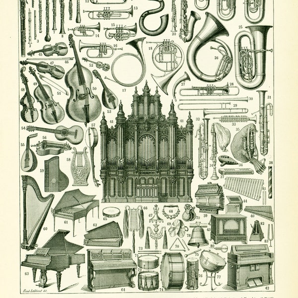 1897 Instruments de musique Piano Orgue Violon Harpe guitare  Planche originale  Larousse Illustration Grand Format 19ème siècle