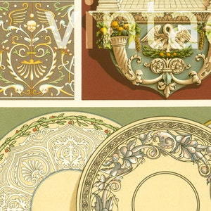 May include: A collection of four decorative plates with intricate floral and geometric designs. The plates are in shades of cream, gold, and blue, with a green border.