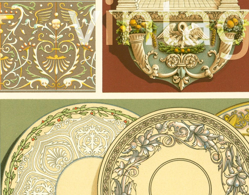May include: A collection of four decorative plates with intricate floral and geometric designs. The plates are in shades of cream, gold, and blue, with a green border.