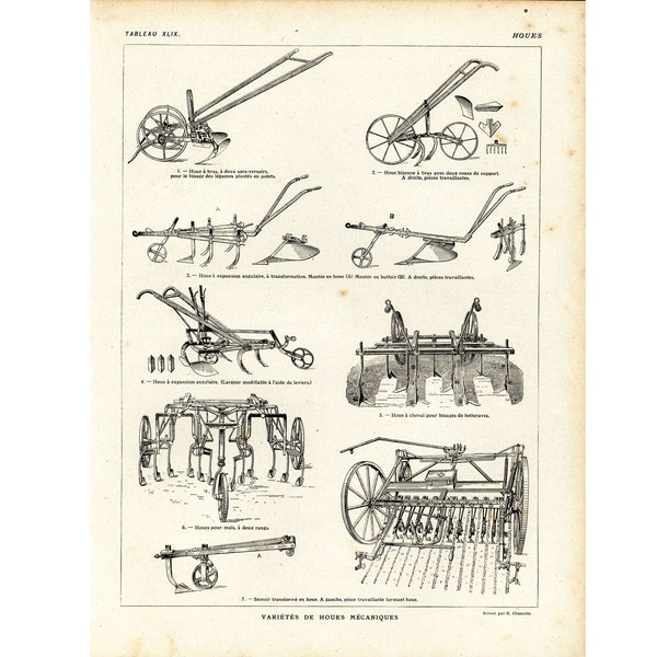 1922 Anciens Semoirs, Charrues, Houes à cheval, bineuse, Outils Agricoles, Ancienne illustration Machine Agricole Larousse