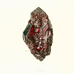 May include: A close-up of a red and grey mineral specimen with the text "19 C 67" and "PROUSTITE" below the image.