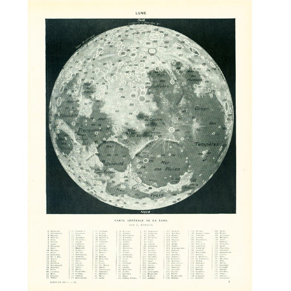 1933 Carte de la Lune. Planche originale Larousse Grand Format. Astronomie