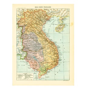 1897 Indochine Carte ancienne, Planche Originale Larousse, Illustration Siam Cambodge Laos Tonkin